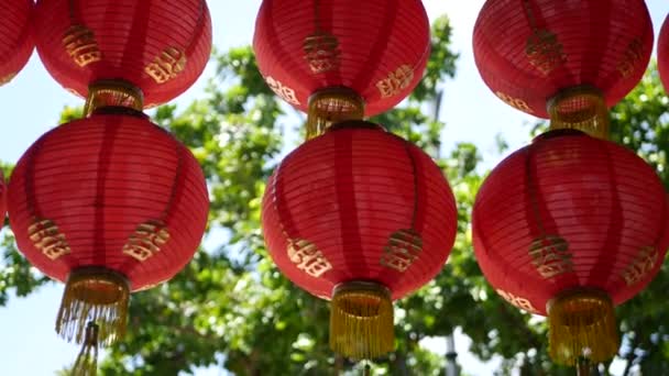 Paper lanterns on shabby building. Red paper lanterns hanging on ceiling of weathered concrete temple building on sunny day between juicy greenery in oriental country. traditional decoration — Stock Video
