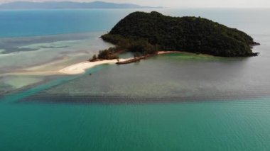 Denizde tropikal ada. Su yüzeyinin altında mercanlar ile sakin mavi denizin ortasında yeşil tropik adanın Harika drone görünümü.