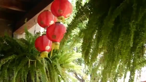 Linternas de papel en un edificio de mala calidad. Linternas de papel rojo colgando en el techo del edificio del templo de hormigón envejecido en el día soleado entre la vegetación jugosa en el país oriental. decoración tradicional — Vídeo de stock