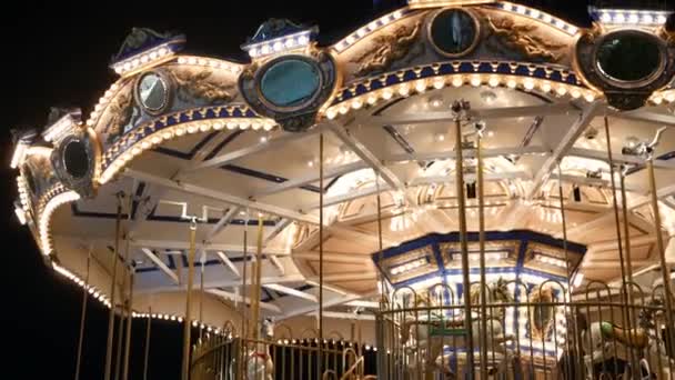 Merry iluminado vai em volta no parque. Rotunda brilhantemente iluminada girando no maravilhoso parque de diversões à noite — Vídeo de Stock