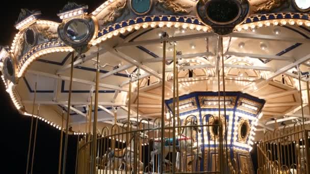 Upplyst Merry Go Round i Park. Ljust upplyst rondell spinning i underbar nöjespark på natten — Stockvideo