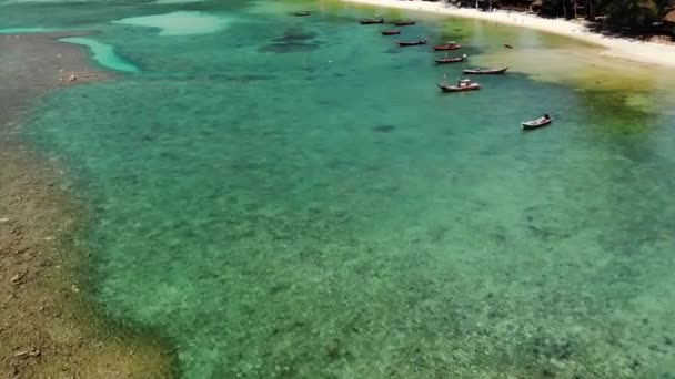 Bateaux près du rivage de l'île. Navires de pêche traditionnels colorés flottant sur l'eau bleue calme près de la côte de sable blanc de l'île exotique tropicale paradisiaque. Vue à travers les feuilles de palmier vert. Koh Phangan — Video