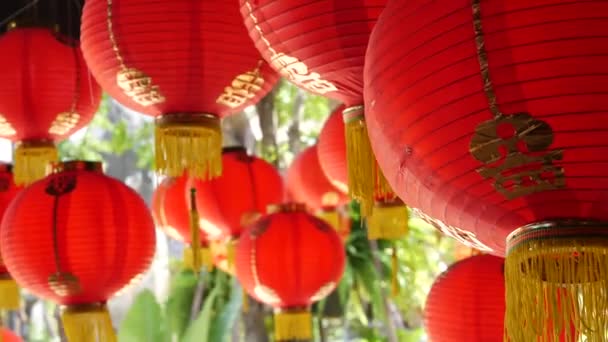 Paper lanterns on shabby building. Red paper lanterns hanging on ceiling of weathered concrete temple building on sunny day in oriental country. traditional decoration — Stock Video