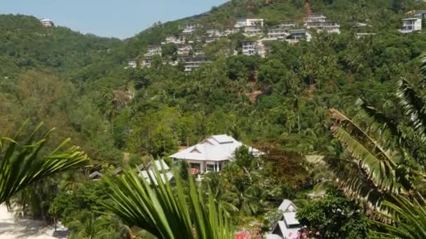 Villas de lujo en ladera de montaña. Drone vista de casas de lujo ubicadas en medio de árboles exóticos en la montaña verde en el día soleado en la isla tropical. — Vídeo de stock