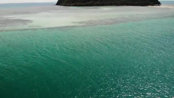 热带岛屿在海上。在平静的蓝色海水中，有珊瑚在水面下的绿色热带岛屿的美妙无人机视图. — 图库视频影像