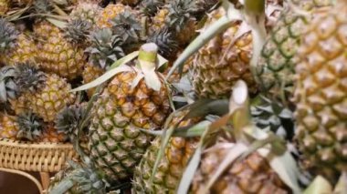 Rustik standında meyve ve sebzeler. Çeşitli taze olgun meyve ve sebze piyasada rustik oryantal stand yerleştirilir. Tatlı ve ekşi sarı sulu ananas.