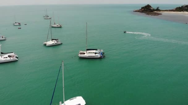 Jachty plující v klidné zátoce. Mnoho luxusních plachetních člunů pluje na klidné vodě v zálivu tyrkysového moře. Ráj na ostrově Koh Samui na orientálním Thajsku — Stock video