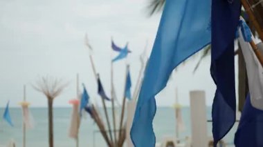 Rüzgarda dalgalanan mavi bayraklar. Tropikal sahillerde bulutlu havada rüzgarda dalgalanan küçük üçgen mavi bayraklar