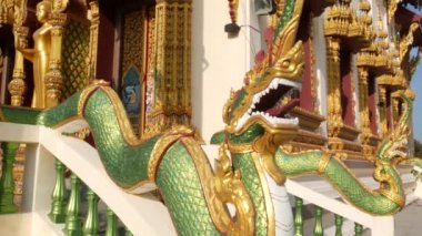 Oryantal tapınak bahçesinde yeşil ejderha. Yeşil ejderha heykeli güneşli bir günde geleneksel Asya tapınağının bahçesinde bulunan. Wat Plai Laem. Koh Samui.