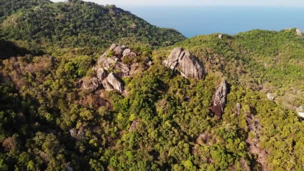 Dschungel und Berge der tropischen Insel. Drohnenblick auf grüne Dschungel und riesige Felsbrocken auf vulkanischem felsigem Gelände der Insel Koh Tao an einem sonnigen Tag in Thailand — Stockvideo