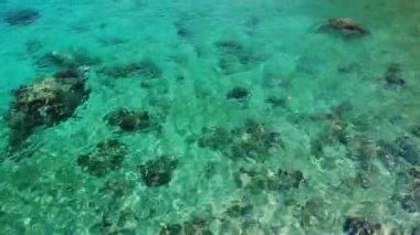 Taşların yanındaki sakin deniz suyu. Güneşli Tayland 'da güneşli bir günde Koh Tao Adası' nda şnorkelle yüzmek için mükemmel bir yer olan huzurlu mavi deniz suyu ve gri kayalar. Doğal arkaplan dokusu.