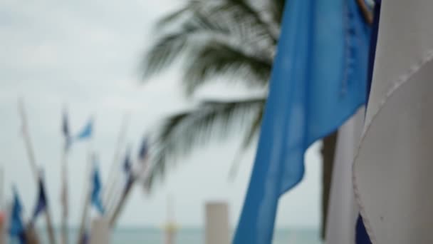 Blå flaggor viftar med vinden. Små triangulära blå flaggor fladdrar i vinden i molnigt väder på tropisk strand — Stockvideo