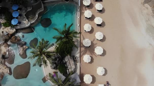 Sun beds on beach. Aerial view of many paired sun loungers with umbrella on deserted beach with clean sand. — Stock Video
