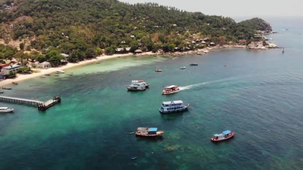 Limandaki sakin denizde tekneler. Tayland 'da güneşli bir günde, tropik egzotik cennet limanında mavi denizin sakin yüzeyinde yüzen balıkçı ve dalış teknelerinin insansız hava aracı görüntüsü. — Stok video