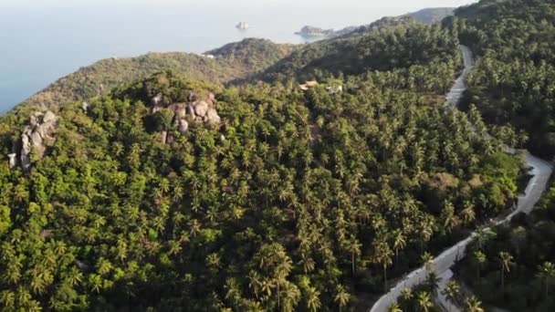 Dschungel und Berge der tropischen Insel. Drohnenblick auf grüne Dschungel und riesige Felsbrocken auf vulkanischem felsigem Gelände der Insel Koh Tao an einem sonnigen Tag in Thailand — Stockvideo