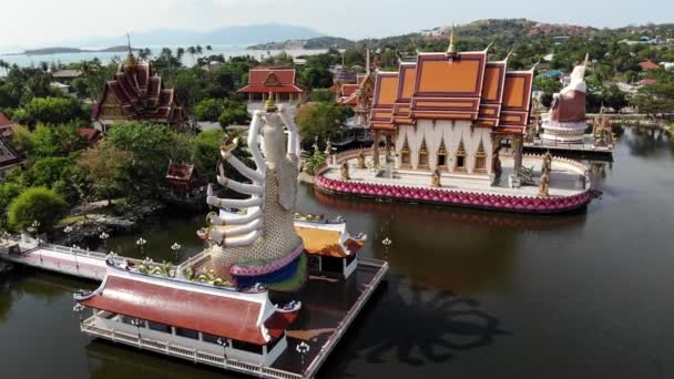 Boeddhistische tempel in de buurt van het meer. Drone top uitzicht op daken en standbeelden van prachtige boeddhistische tempel gelegen in de buurt van het meer op zonnige dag op Ko Samui. Wat Plai Laem met Lachende Boeddha en Guan Yin — Stockvideo
