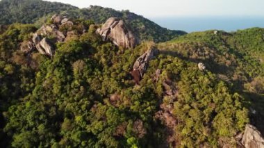 Tropik adanın ormanları ve dağları. Tayland 'ın güneşli bir gününde Koh Tao Adası' nın volkanik kayalık arazisindeki yeşil ormanların ve dev kayaların insansız hava aracı görüntüsü.