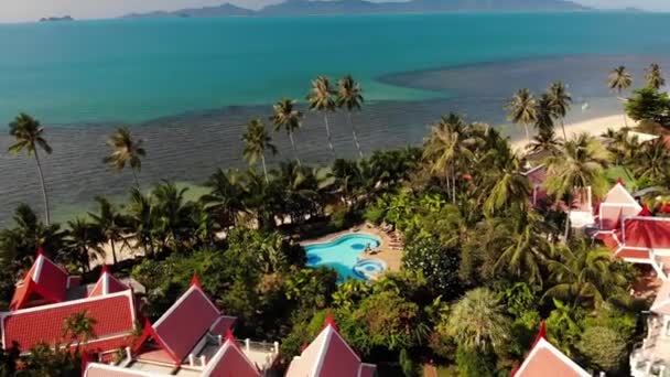 Casas orientais à beira-mar. Vista drone de encantadoras casas orientais e coqueiros verdes localizados na costa do mar calmo no dia ensolarado no resort — Vídeo de Stock