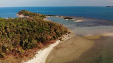 Okyanustaki küçük ada ve mercan resifi. Tropikal doğada güneşli bir günde sakin denizde yeşil ıssız bir ada ve inanılmaz mercan resifinin insansız hava aracı görüntüsü. Koh Samui, Tayland.