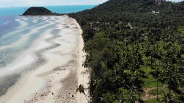 Beyaz kumların alışılmadık kıyıları. Kumlu dalgalı deniz manzarası nefes kesici. Asya 'daki cennet adaları. İnsansız hava aracı manzarası, doğal cennet manzarası, sahilde hindistan cevizi palmiyeleri. Tropiklerde fırtına var..