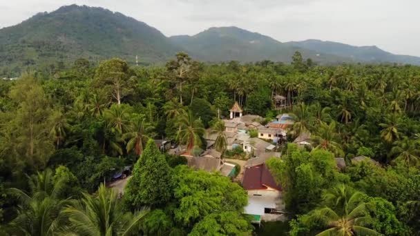 Κλασικός βουδιστικός ναός ανάμεσα στο δάσος. Από πάνω δείτε drone βουδιστικό μοναστήρι μεταξύ πράσινα δέντρα κοντά στο λόφο στην Ταϊλάνδη. Κο Σαμούι. έννοια του τουρισμού, διαλογισμό και ανατολίτικη ζωή. Ασιατικό χωριό — Αρχείο Βίντεο