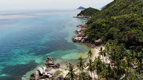 熱帯のビーチでバンガローと緑のヤシの木。タオパラダイス島のダイビングやシュノーケリングリゾートの砂浜にあるコテージは、タイの晴れた日に穏やかな青い海の近くにあります。ドローンビュー. — ストック動画