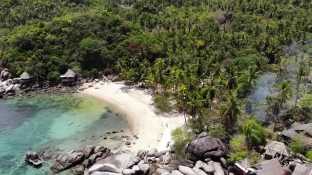 Bungalows e coqueiros verdes na praia tropical. Cottages na costa arenosa de mergulho e snorkeling resort em Koh Tao ilha paradisíaca perto do mar azul calmo no dia ensolarado na Tailândia. Vista para drones. — Vídeo de Stock