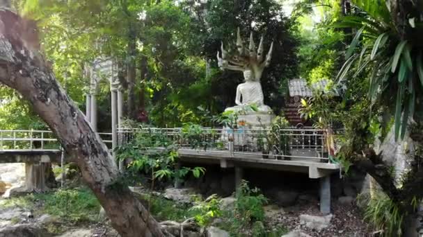 Fehér Buddha szobor közel a templomhoz, közel a folyóhoz, a hagyományos templom mellett, a Hin Lad Nemzeti Park zöld dzsungelében, a Koh Samui szigeten. Lencse fáklya, napsugarak a zöldön át — Stock videók