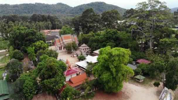 Κλασικός βουδιστικός ναός ανάμεσα στο δάσος. Από πάνω δείτε drone κλασικό βουδιστικό μοναστήρι μεταξύ πράσινα δέντρα κοντά στο λόφο στην Ταϊλάνδη. Κο Σαμούι. έννοια του τουρισμού, διαλογισμό και ανατολίτικη ζωή — Αρχείο Βίντεο
