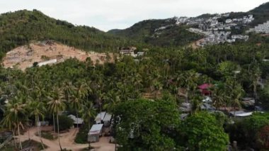 Nesli tükenmekte olan ormanlar ve lüks villalarla kaplı tropikal bir arazi. Binalar ve ormansızlaşma nedeniyle ekosistem bozukluğu olan büyük tropik bölgelere insansız hava aracı görüntüsü. Koh Samui. Hindistan cevizi palmiyesi tarlaları.