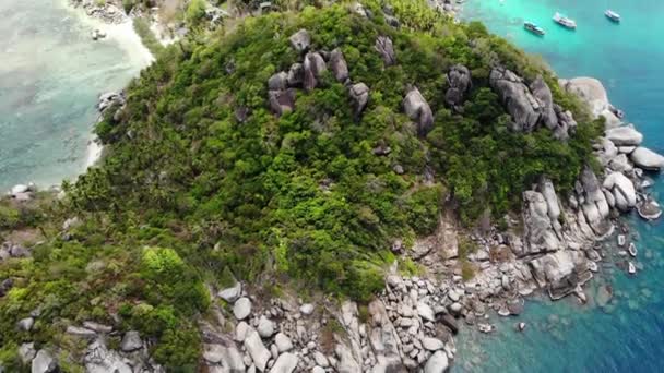 Bungalows en groene kokospalmen op tropisch strand. Huisjes op zandstrand van duiken en snorkelen resort op Koh Tao paradijs eiland in de buurt van rustige blauwe zee op zonnige dag in Thailand. Drone aanzicht. — Stockvideo