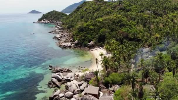 Bungalows y palmas de coco verde en la playa tropical. Cabañas en la orilla arenosa de buceo y snorkel resort en Koh Tao isla paradisíaca cerca del mar azul tranquilo en el día soleado en Tailandia. Vista del dron. — Vídeo de stock