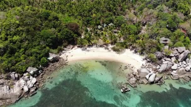 热带海滩上的平房和绿色椰子树。在阳光普照的泰国，高涛天堂岛上的潜水和潜水度假胜地沙滩海岸上的小木屋，靠近平静的蓝海。无人机视图. — 图库视频影像