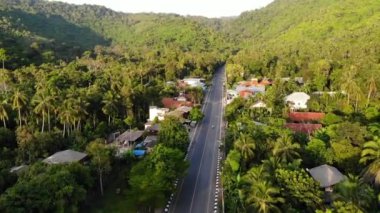 Yerleşim ve orman boyunca asfalt yol. Asfalt yolu Koh Samui Adası 'ndaki küçük tipik yerleşim yerlerinden ve yeşil tropikal yağmur ormanlarından geçiyor. Ufuktaki dağlar. Köy hayatı Drone görünümü.