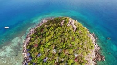 Küçük tropikal volkanik ada Koh Tao yakınlarındaki sakin, masmavi turkuaz deniz, eşsiz küçük cennet Nang Yuan. Güneşli Tayland 'da güneşli bir günde taşlık sahil ve yeşil ormanın yakınındaki huzurlu suyun insansız hava aracı görüntüsü.