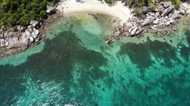 Tropik sahilde bungalovlar ve yeşil hindistan cevizi palmiyeleri. Güneşli Tayland 'da güneşli bir günde, sakin mavi denizin yanındaki Koh Tao cennet adasındaki kumlu deniz kıyısında dalış ve şnorkelle yüzme merkezleri. Drone görünümü.