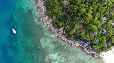 Küçük tropikal volkanik ada Koh Tao yakınlarındaki sakin, masmavi turkuaz deniz, eşsiz küçük cennet Nang Yuan. Güneşli Tayland 'da güneşli bir günde taşlık sahil ve yeşil ormanın yakınındaki huzurlu suyun insansız hava aracı görüntüsü.
