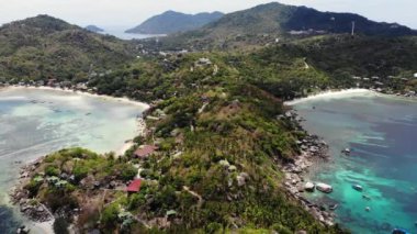 Tropik sahilde bungalovlar ve yeşil hindistan cevizi palmiyeleri. Güneşli Tayland 'da güneşli bir günde, sakin mavi denizin yanındaki Koh Tao cennet adasındaki kumlu deniz kıyısında dalış ve şnorkelle yüzme merkezleri. Drone görünümü.