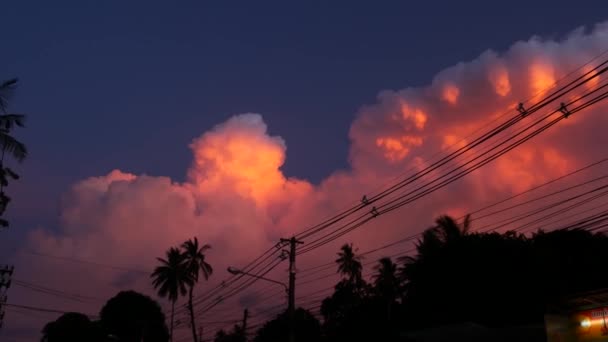 KOH SAMUI ISLAND, THAILAND - 10 JULI 2019: Stadsweg met rijdend stedelijk vervoer. Achteraanzicht van auto 's en motoren op drukke weg onder oranje wolken in zonsondergang tropische exotische avond — Stockvideo