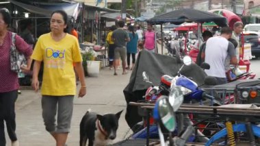 KOH SAMUI ADASI, THAILAND - 10 Temmuz 2019: Alışverişe kıyasla daha canlılar. Asya 'da tipik günlük yaşam. İnsanlar sebze, deniz ürünü ve et alışverişine gider..