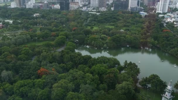 Zielony park w metropolii. Drone widok zielonych drzew Lumphini Park w pobliżu drogi i wysokich budynków na ulicach Bangkoku, Tajlandia — Wideo stockowe