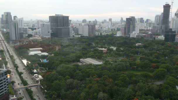 大都市の緑の公園。道路近くのルンピニ公園の緑の木のドローンビューとバンコク、タイの通りに高層ビル — ストック動画