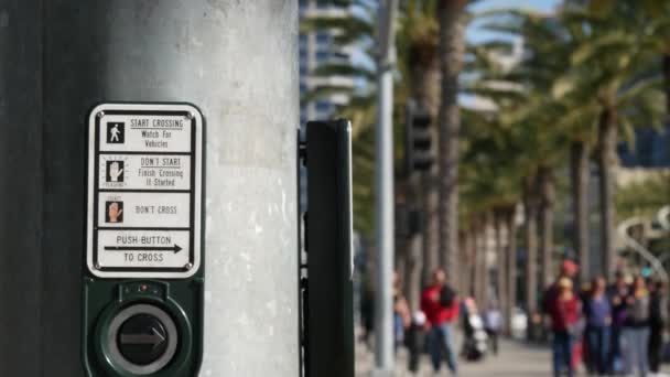 Verkeerslichtknop op voetgangersoversteekplaats, mensen moeten indrukken en wachten. Verkeersregels en -voorschriften voor de openbare veiligheid in de VS. Zebra straat kruising op de weg intesection in San Diego, Californië — Stockvideo