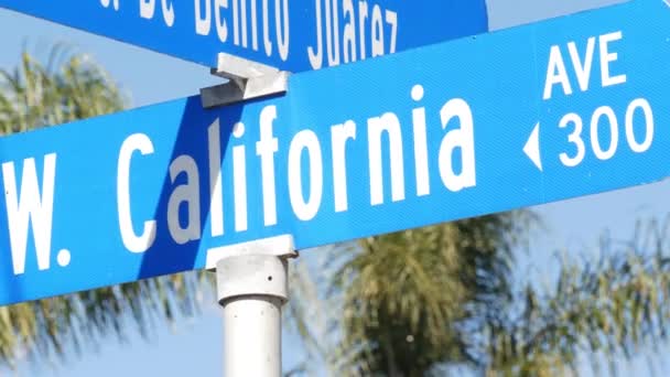 加州大街交叉路口的路标。在十字路口的路标上，夏天旅行和度假的象征。美国旅游胜地。洛杉矶附近城市的标牌上的文字，101路 — 图库视频影像