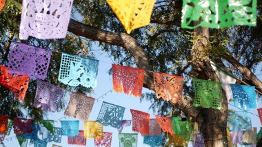 Renkli Meksika delikli papel picado bayrağı, renkli renkli kağıt çelenk. Çok renkli İspanyol halkı doku bayrakları, bayram ya da karnaval kazıdı. Latin Amerika 'da otantik fiesta dekorasyonu.