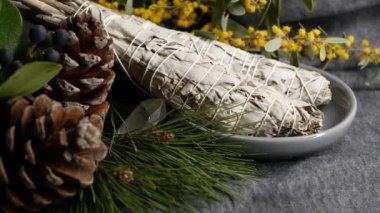 Kurutulmuş beyaz adaçayı lekesi, gevşeme ve aromaterapi. Psişik okült ayin, bitkisel şifa, yoga ya da aura temizliği sırasında lekeler. Esrarengiz ayinler ve fal bakımı için temel tütsü