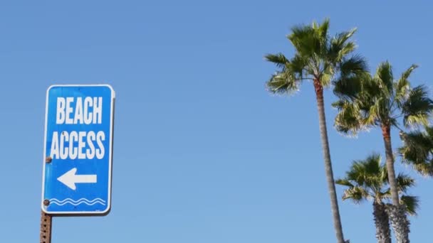 Strand teken en palmen in het zonnige Californië, Verenigde Staten. Palmbomen en wegwijzer aan zee. Oceanside Pacific toeristische resort esthetisch. Symbool van reisvakanties en zomervakanties. Promenade aan het strand — Stockvideo
