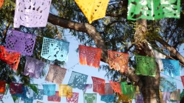 Renkli Meksika delikli papel picado bayrağı, renkli renkli kağıt çelenk. Çok renkli İspanyol halkı doku bayrakları, bayram ya da karnaval kazıdı. Latin Amerika 'da otantik fiesta dekorasyonu