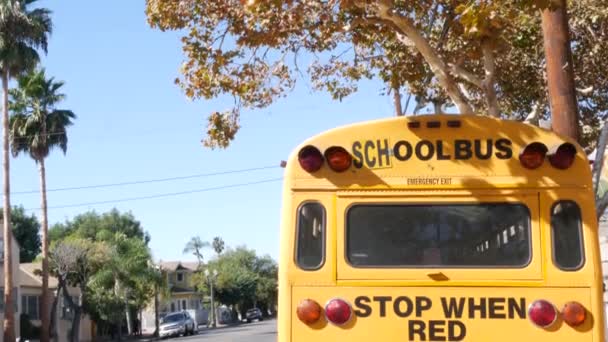Gul ikonisk skolbuss i Los Angeles, Kalifornien USA. Klassisk lastbil för studenter back view. Fordonets stoppljus för säkerhet vid transport av barn. Kollektivtrafik för barn i förorten — Stockvideo
