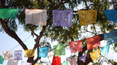 Renkli Meksika delikli papel picado bayrağı, renkli renkli kağıt çelenk. Çok renkli İspanyol halkı doku bayrakları, bayram ya da karnaval kazıdı. Latin Amerika 'da otantik fiesta dekorasyonu.
